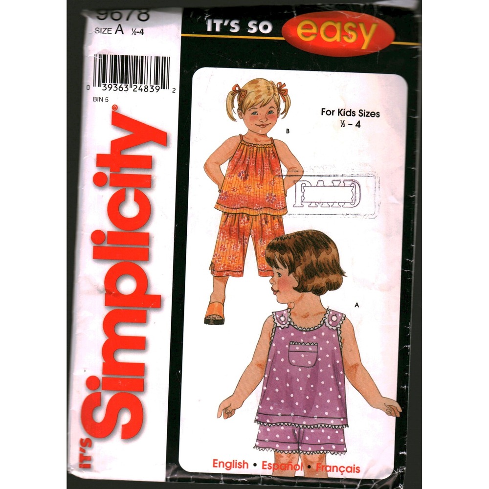 Simplicity 9678 Toddler Top Shorts Pants Sewing Pattern Size 1/2-2 cut